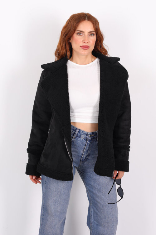 Kürk Biye Detaylı Fermuarlı Siyah Kadın Süet Mont - 7