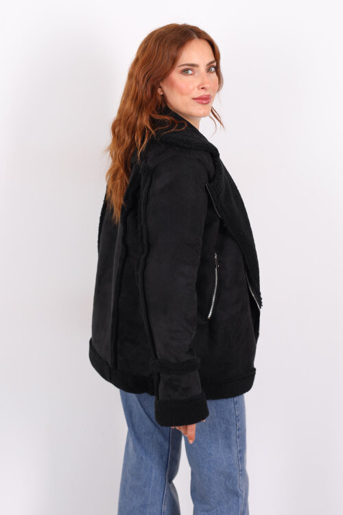 Kürk Biye Detaylı Fermuarlı Siyah Kadın Süet Mont - 6