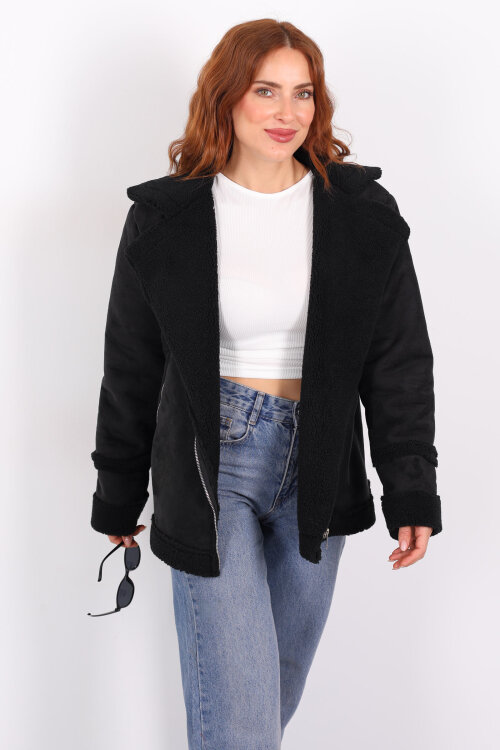 Kürk Biye Detaylı Fermuarlı Siyah Kadın Süet Mont - 4