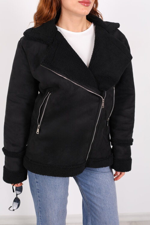 Kürk Biye Detaylı Fermuarlı Siyah Kadın Süet Mont - Berox (1)