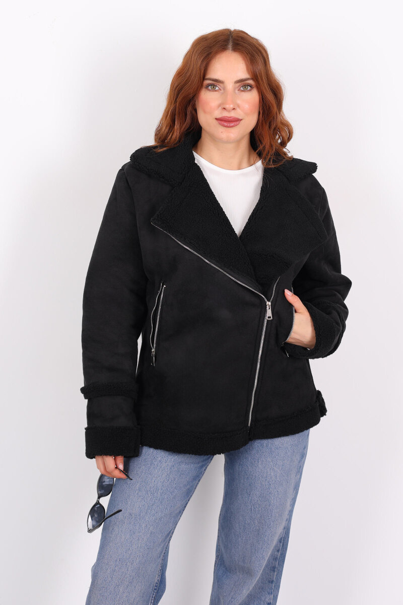 Kürk Biye Detaylı Fermuarlı Siyah Kadın Süet Mont - 1