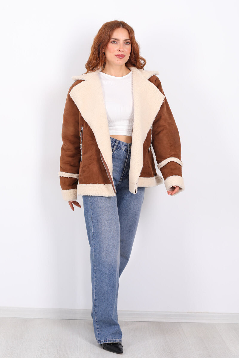 Kürk Biye Detaylı Fermuarlı Taba Kadın Süet Mont - 3