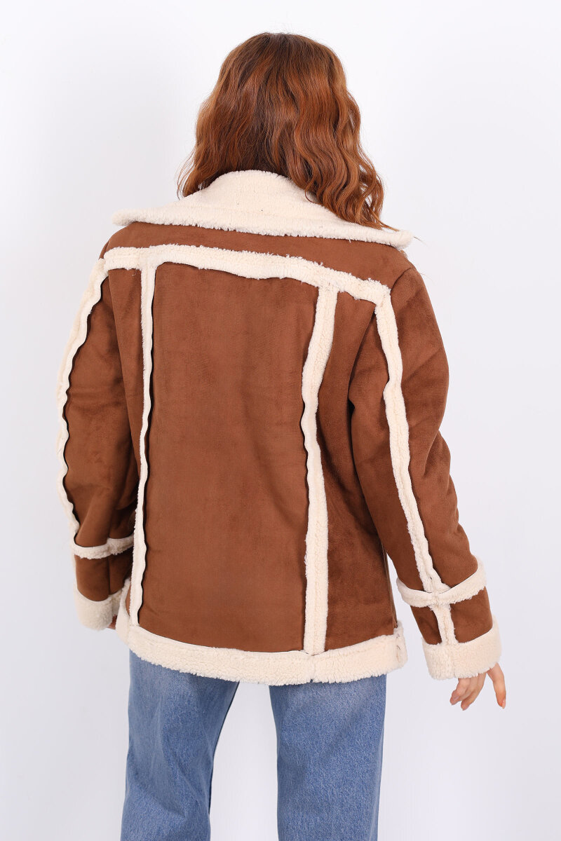 Kürk Biye Detaylı Fermuarlı Taba Kadın Süet Mont - 6