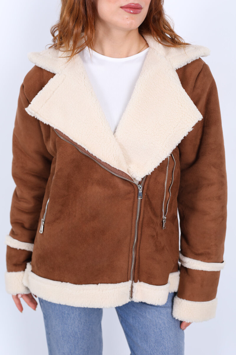 Kürk Biye Detaylı Fermuarlı Taba Kadın Süet Mont - 2