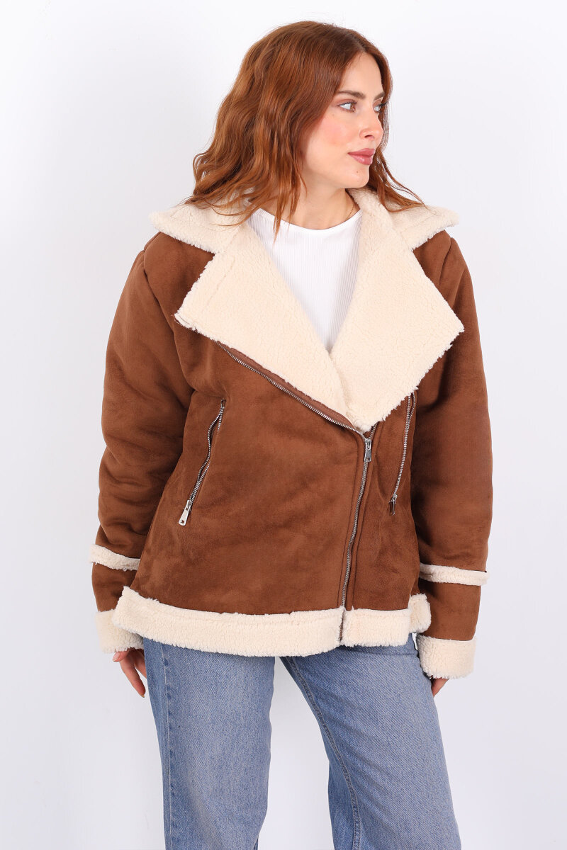 Kürk Biye Detaylı Fermuarlı Taba Kadın Süet Mont - 7