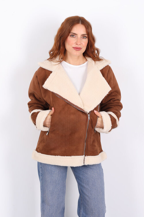 Kürk Biye Detaylı Fermuarlı Taba Kadın Süet Mont - 4