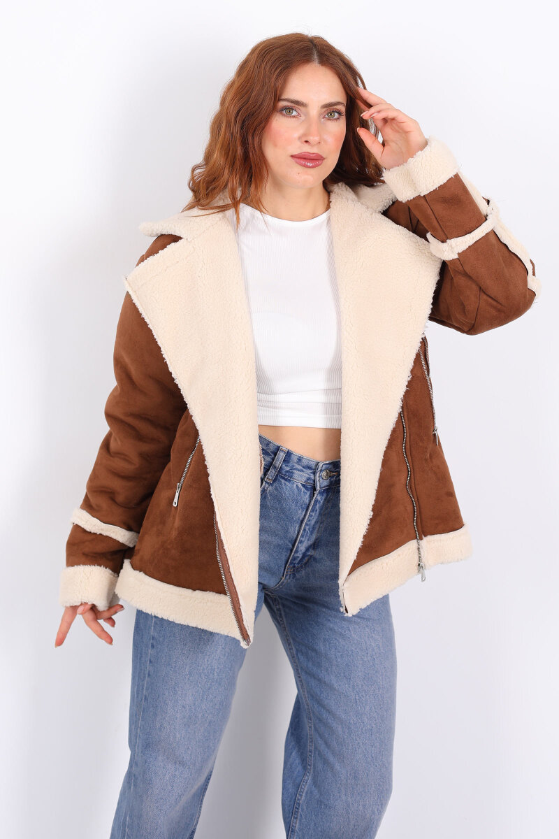 Kürk Biye Detaylı Fermuarlı Taba Kadın Süet Mont - 5