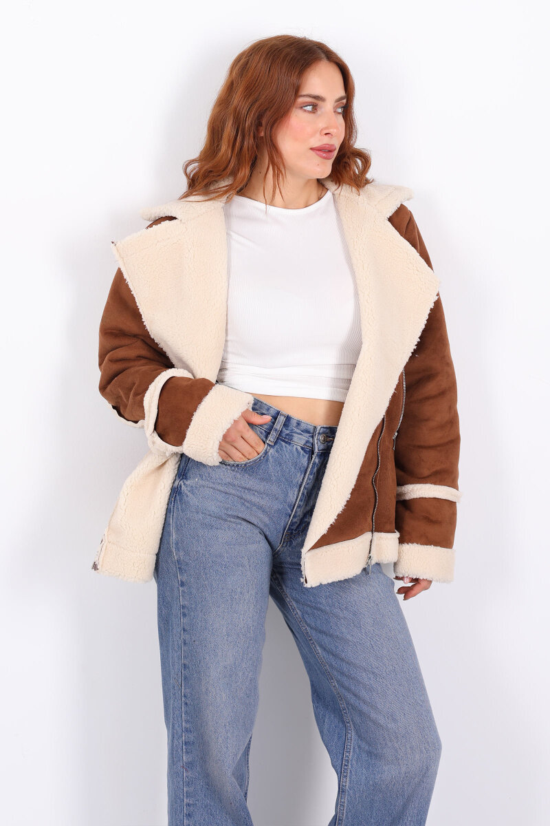 Kürk Biye Detaylı Fermuarlı Taba Kadın Süet Mont - 1