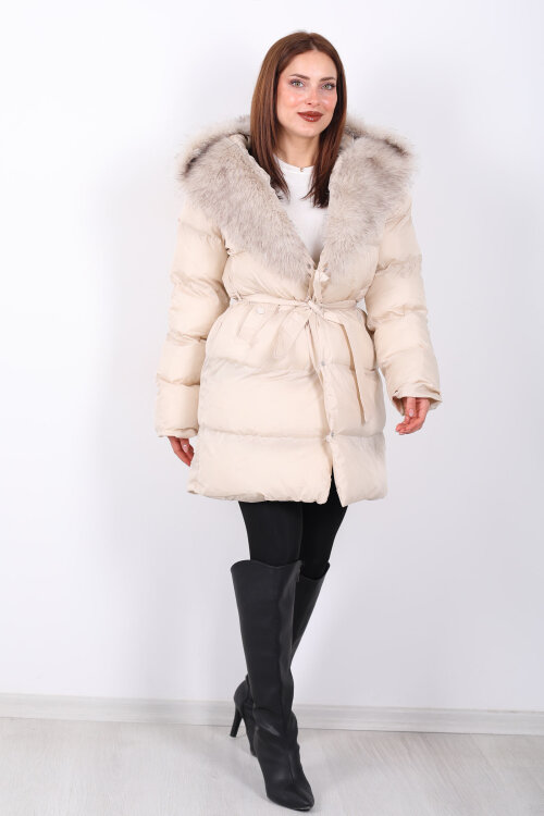 Kürk Detaylı Bağlamalı Krem Kadın Şişme Mont - 4