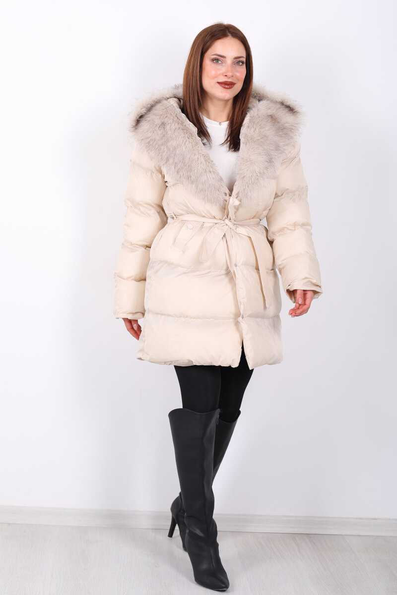 Kürk Detaylı Bağlamalı Krem Kadın Şişme Mont - 4