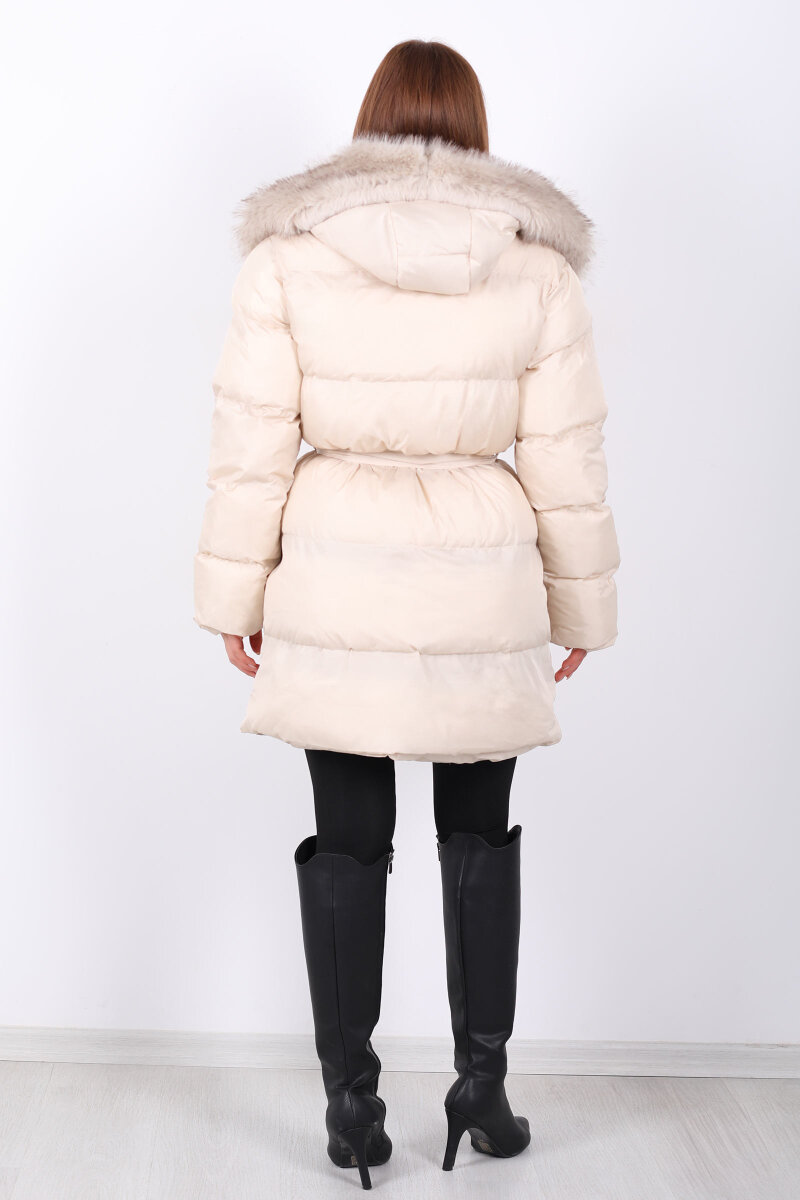 Kürk Detaylı Bağlamalı Krem Kadın Şişme Mont - 6