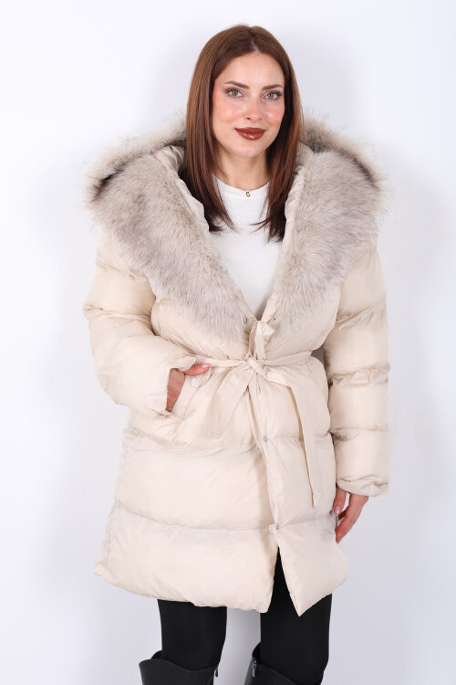 Kürk Detaylı Bağlamalı Krem Kadın Şişme Mont - 3