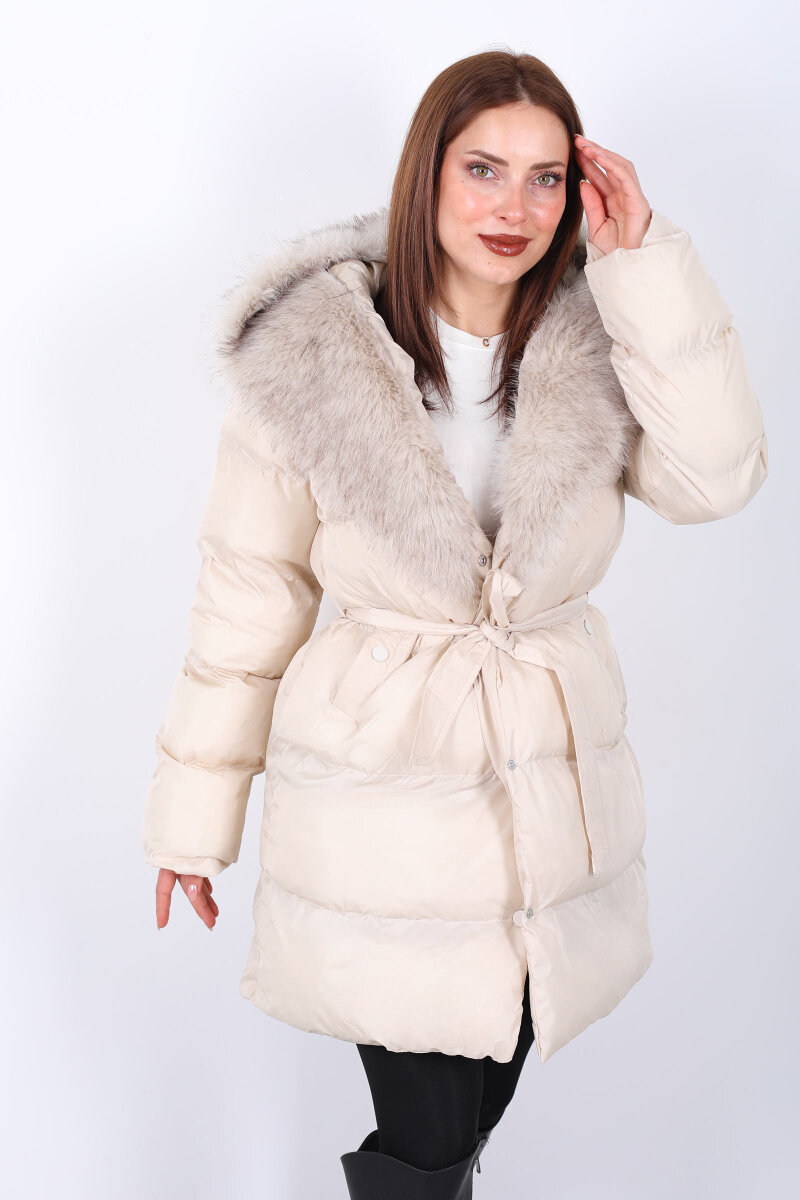 Kürk Detaylı Bağlamalı Krem Kadın Şişme Mont - 5