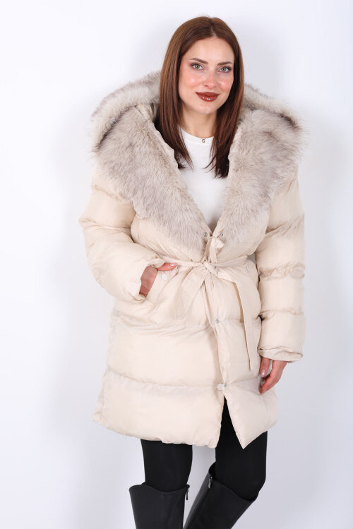 Kürk Detaylı Bağlamalı Krem Kadın Şişme Mont - 7