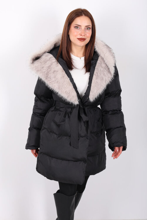 Kürk Detaylı Bağlamalı Siyah Kadın Şişme Mont - 6