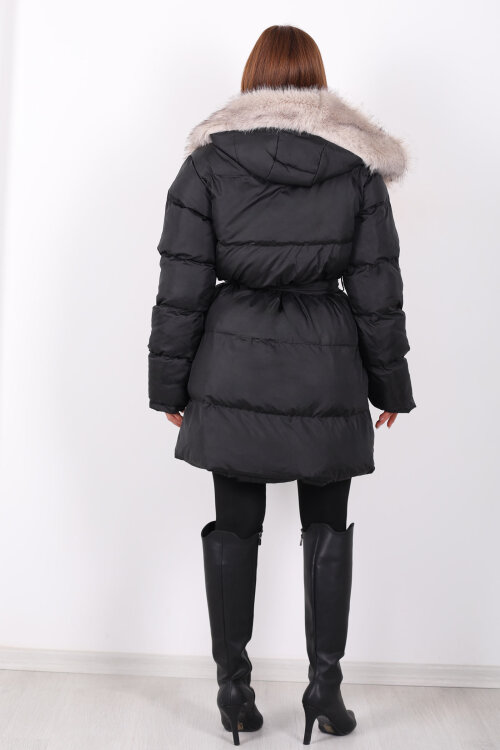 Kürk Detaylı Bağlamalı Siyah Kadın Şişme Mont - 5