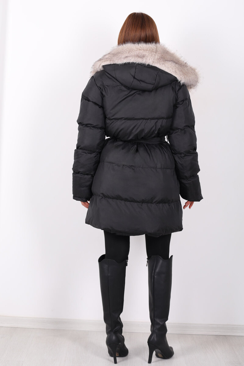 Kürk Detaylı Bağlamalı Siyah Kadın Şişme Mont - 5