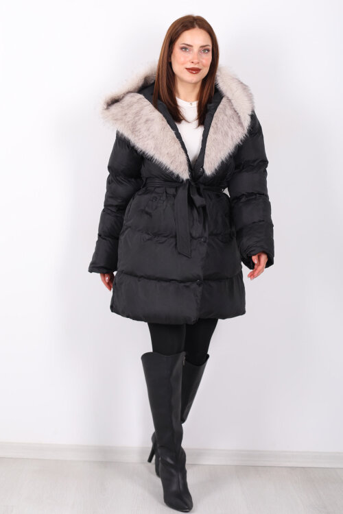 Kürk Detaylı Bağlamalı Siyah Kadın Şişme Mont - 3