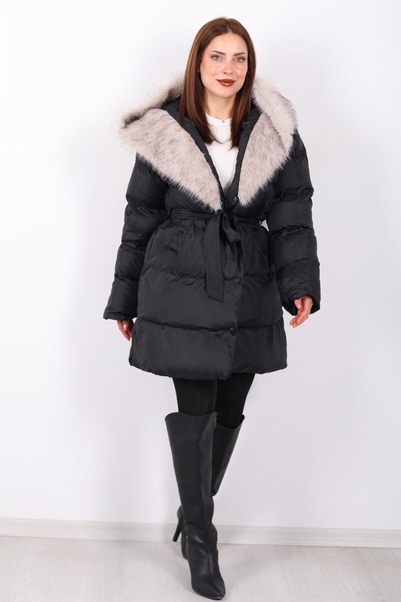 Kürk Detaylı Bağlamalı Siyah Kadın Şişme Mont - 3