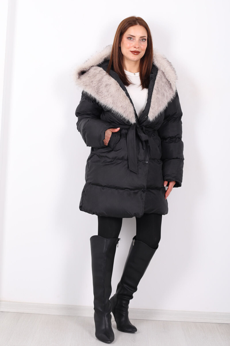 Kürk Detaylı Bağlamalı Siyah Kadın Şişme Mont - 7