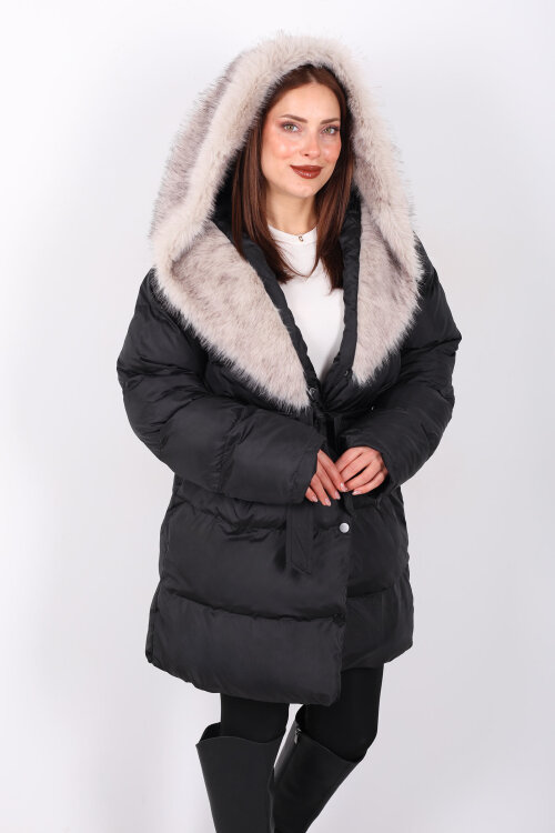 Kürk Detaylı Bağlamalı Siyah Kadın Şişme Mont - Berox (1)