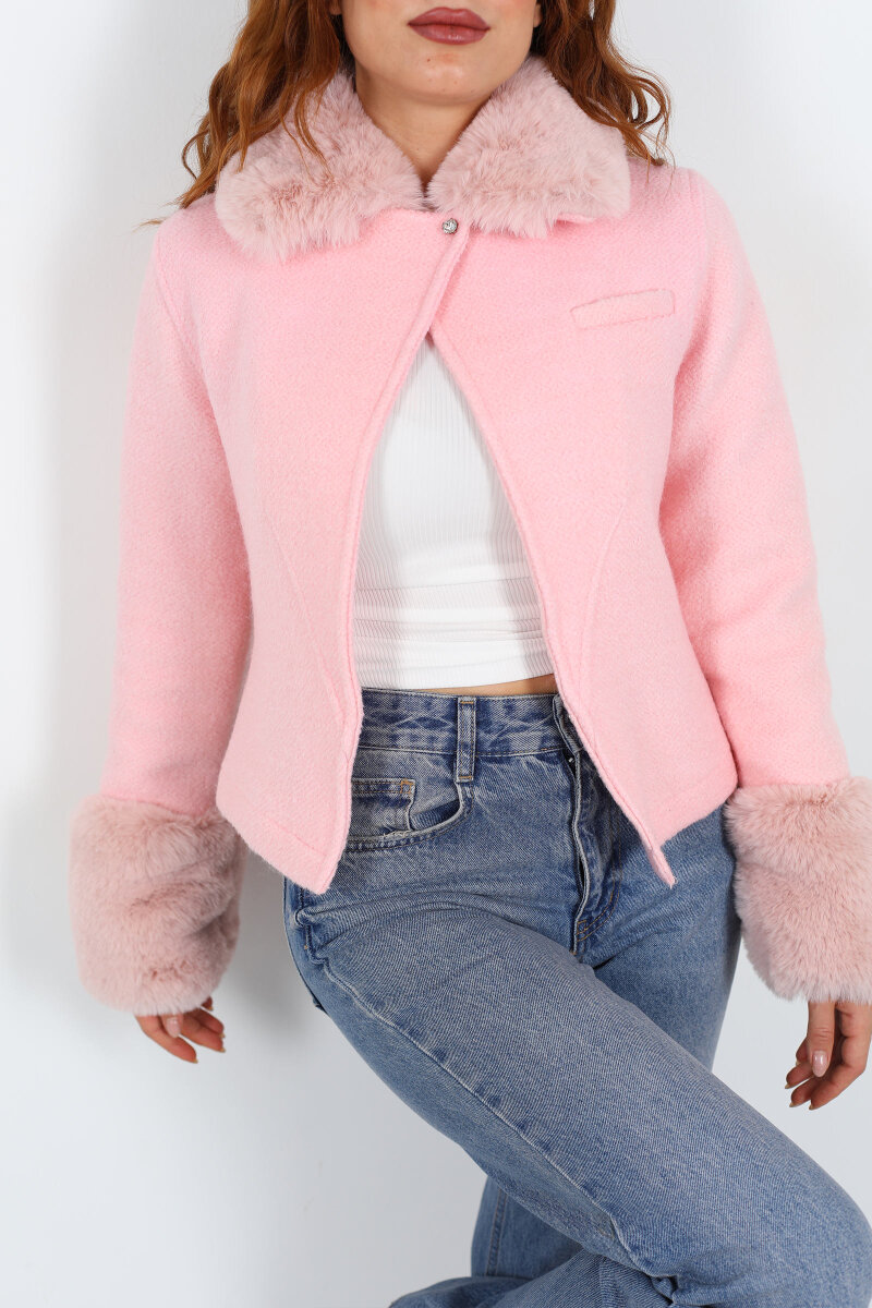 Kürk Detaylı Pembe Kadın Kaşe Ceket - 2