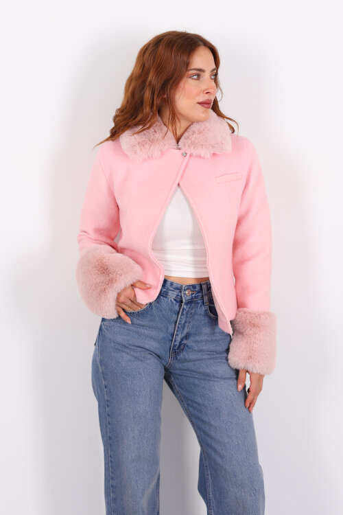 Kürk Detaylı Pembe Kadın Kaşe Ceket - 6