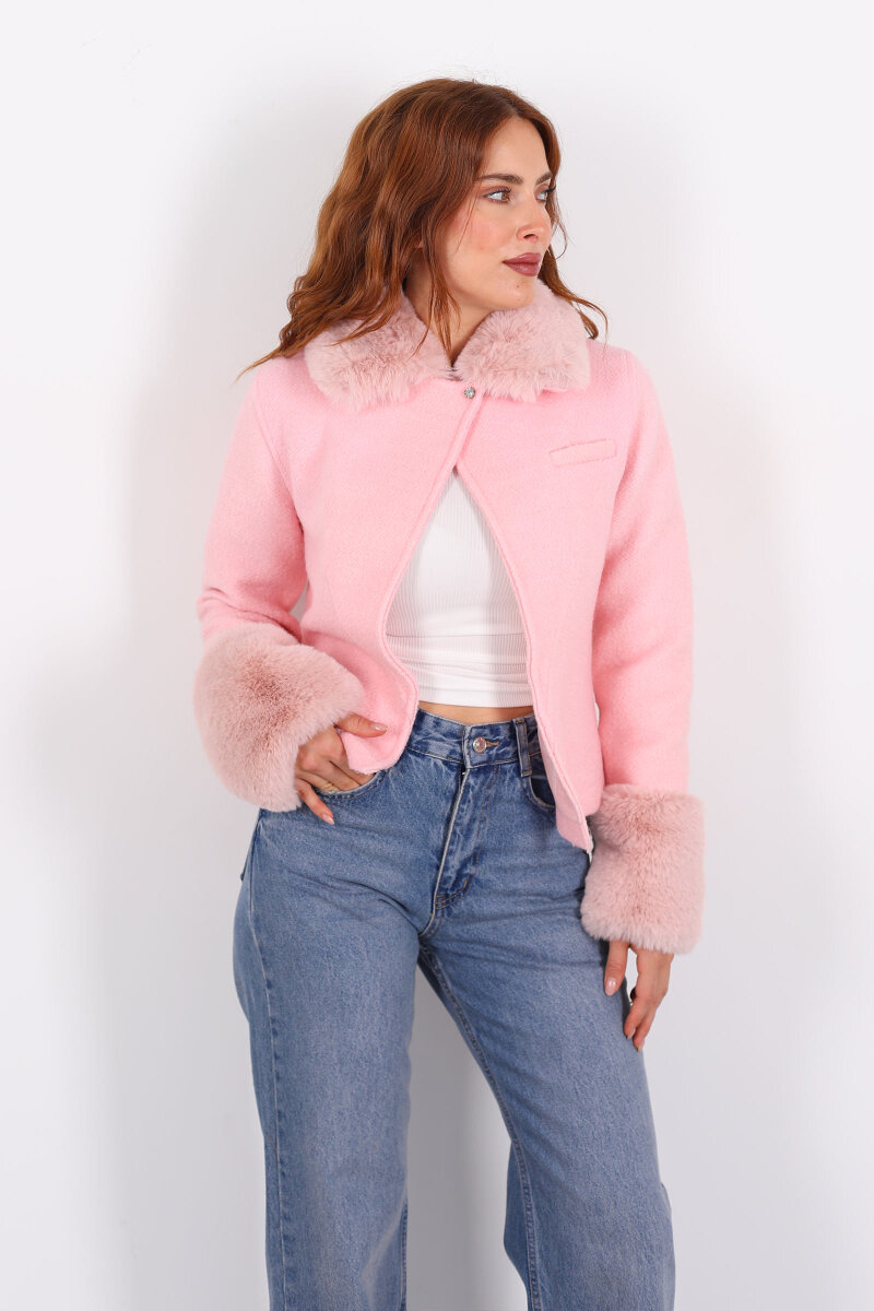 Kürk Detaylı Pembe Kadın Kaşe Ceket - 6