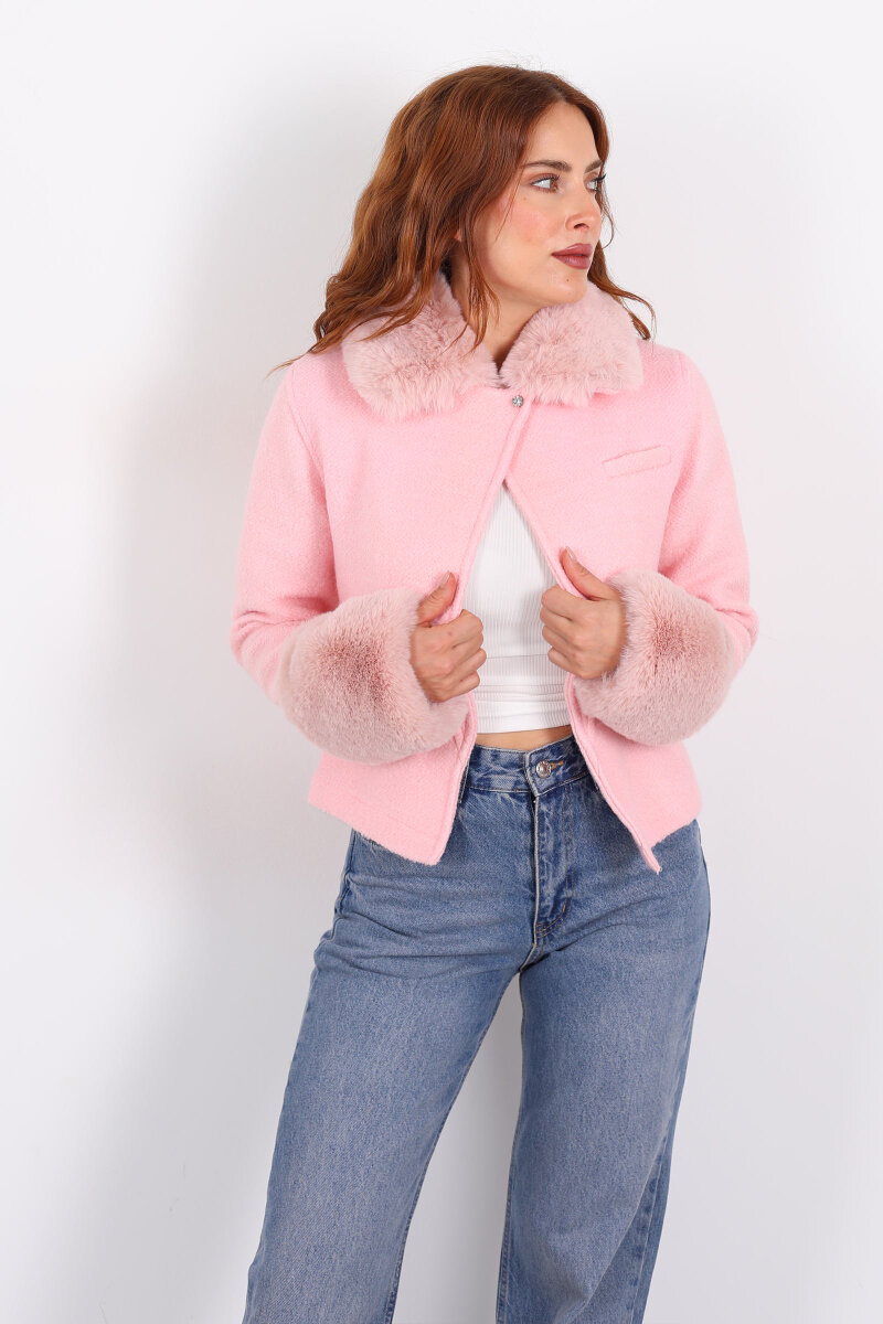 Kürk Detaylı Pembe Kadın Kaşe Ceket - 3