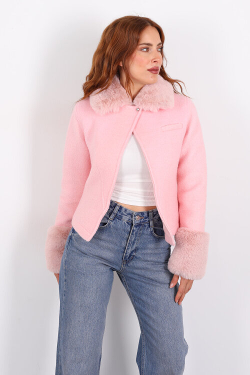 Kürk Detaylı Pembe Kadın Kaşe Ceket - 4