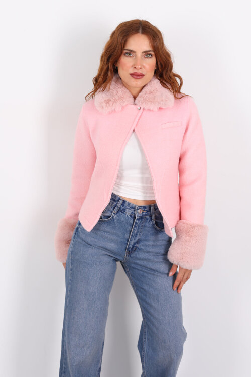 Kürk Detaylı Pembe Kadın Kaşe Ceket - 7