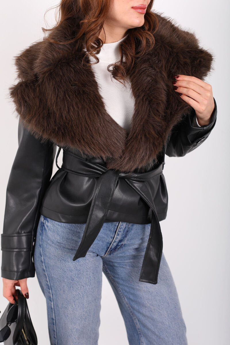 Kürk Yaka Bağlamalı Acı Kahve Kadın Deri Mont - 2