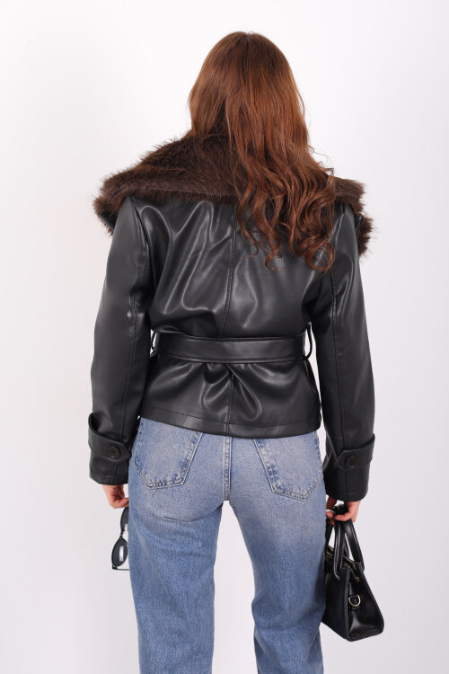 Kürk Yaka Bağlamalı Acı Kahve Kadın Deri Mont - 5