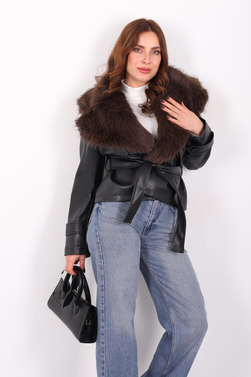 Kürk Yaka Bağlamalı Acı Kahve Kadın Deri Mont - 4