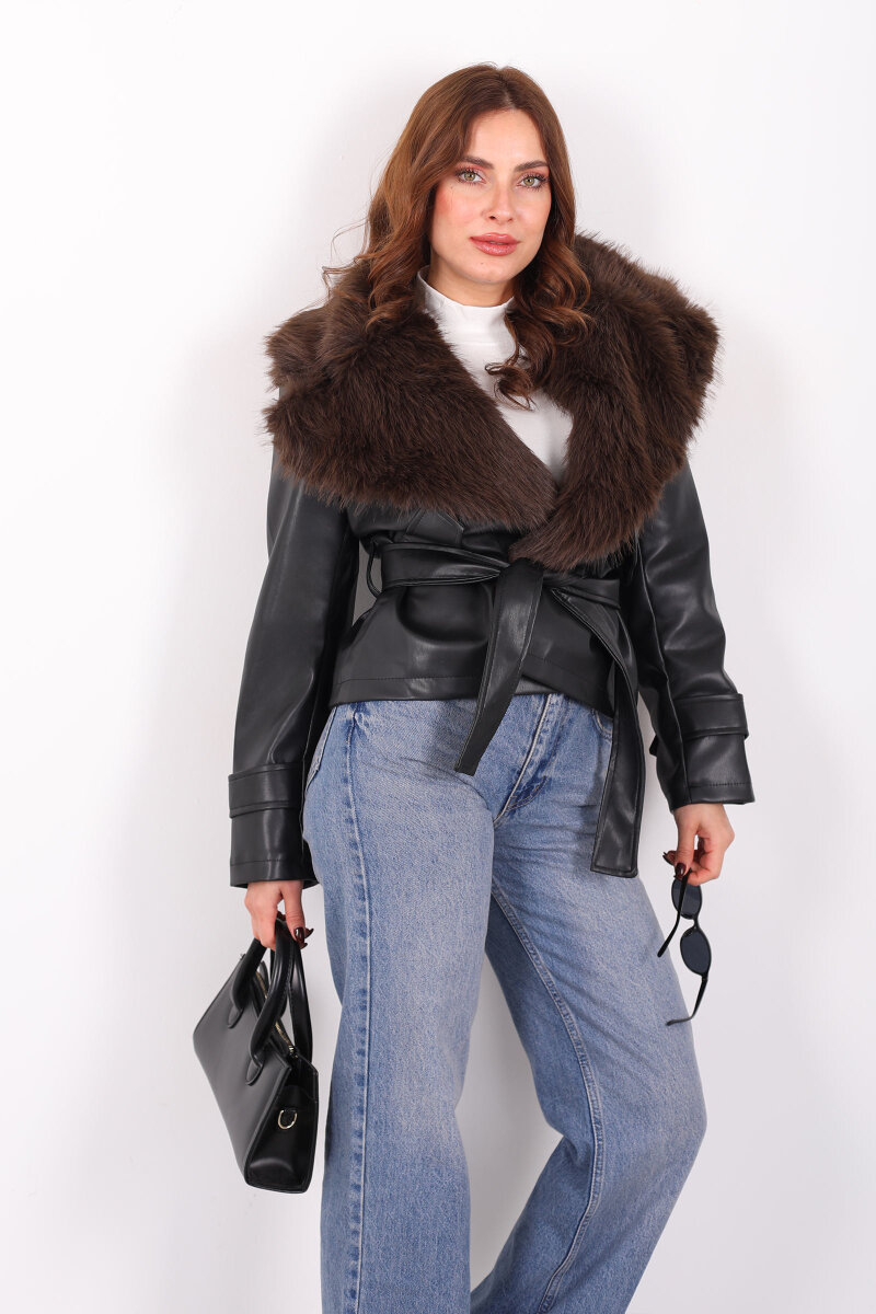 Kürk Yaka Bağlamalı Acı Kahve Kadın Deri Mont - 6