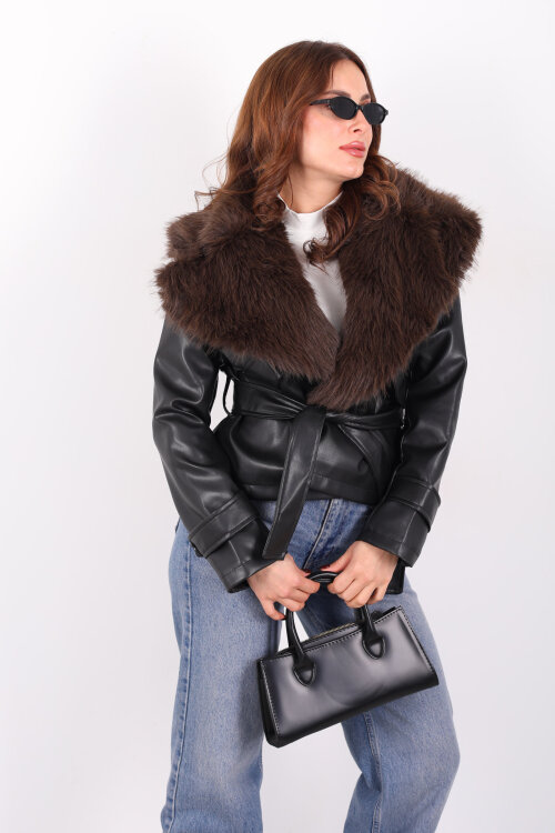 Kürk Yaka Bağlamalı Acı Kahve Kadın Deri Mont - 3