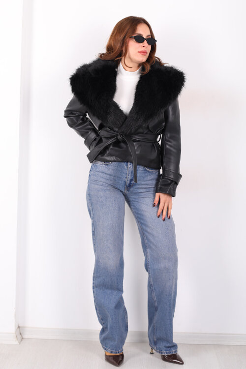 Kürk Yaka Bağlamalı Siyah Kadın Deri Mont - 6