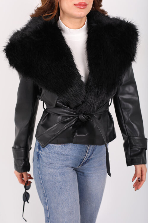 Kürk Yaka Bağlamalı Siyah Kadın Deri Mont - Berox (1)