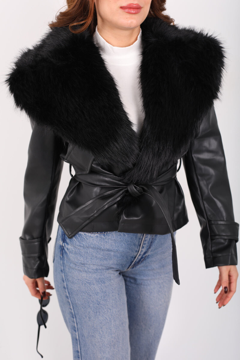 Kürk Yaka Bağlamalı Siyah Kadın Deri Mont - 2