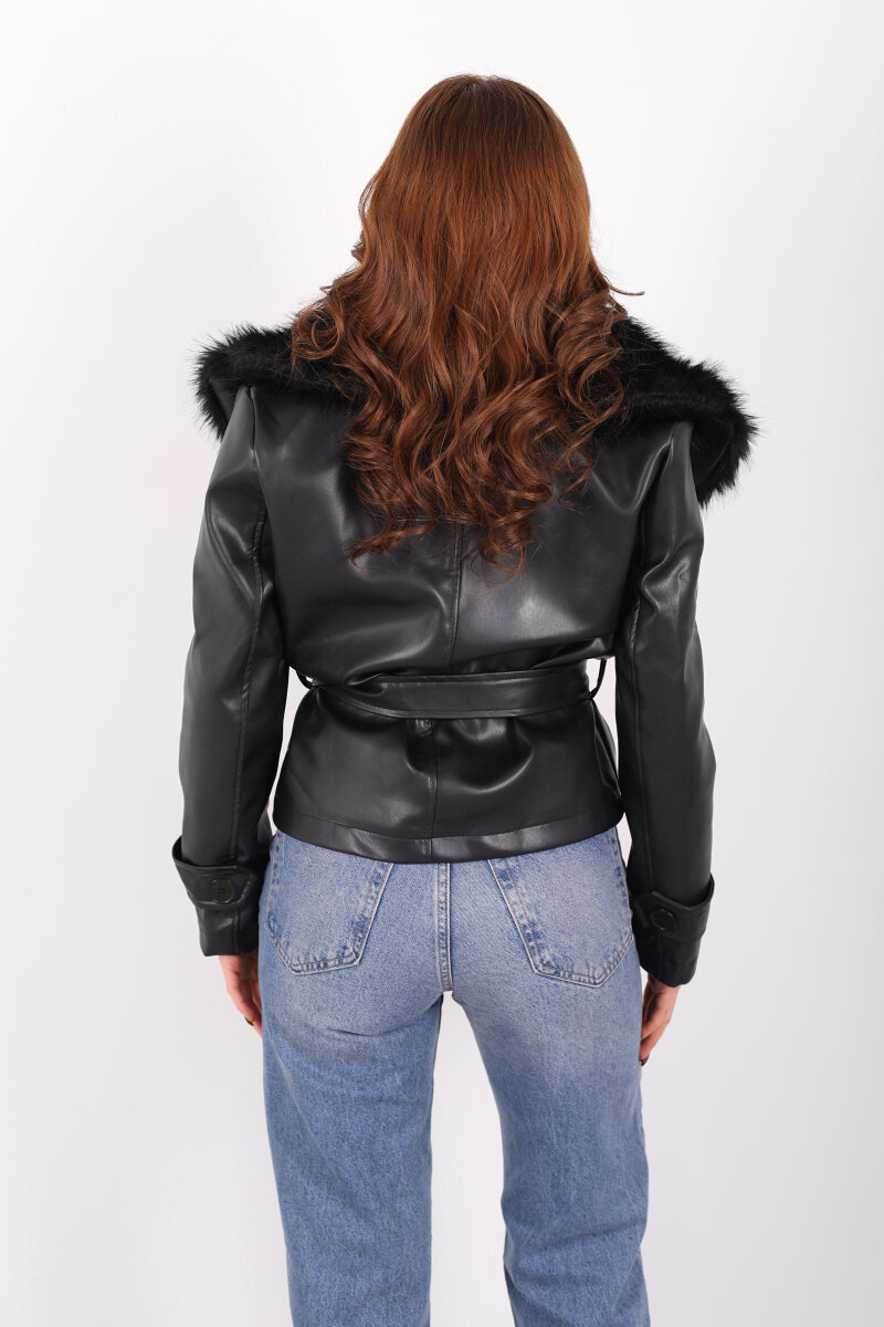 Kürk Yaka Bağlamalı Siyah Kadın Deri Mont - 5