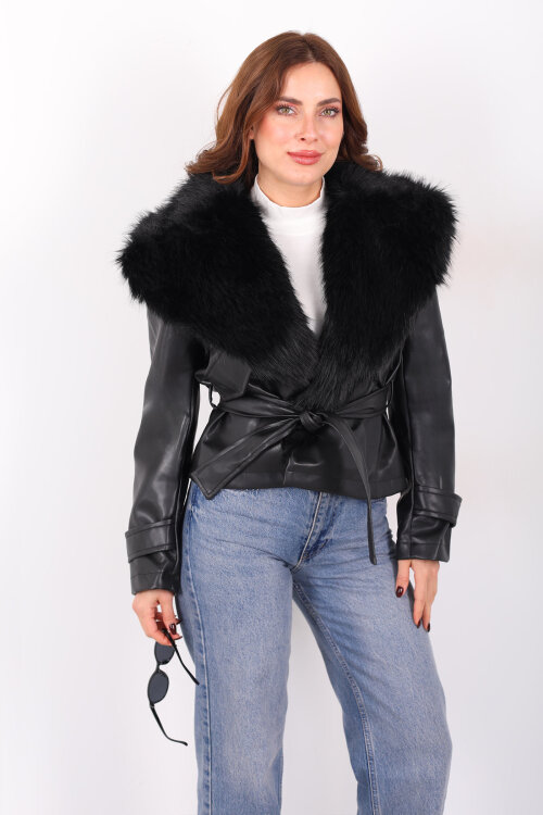 Kürk Yaka Bağlamalı Siyah Kadın Deri Mont - 4