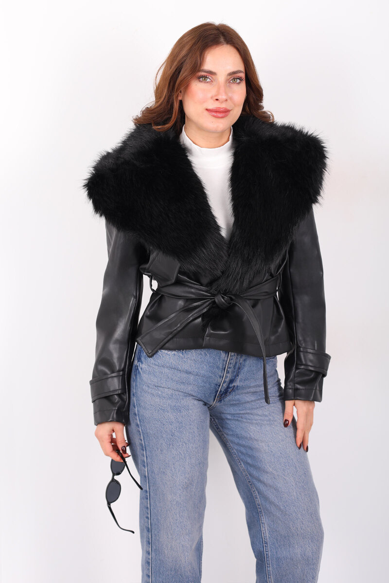 Kürk Yaka Bağlamalı Siyah Kadın Deri Mont - 4