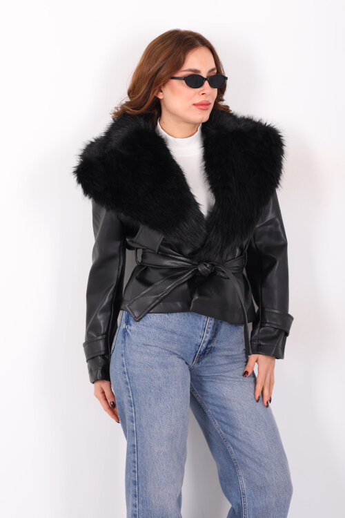 Kürk Yaka Bağlamalı Siyah Kadın Deri Mont - Berox