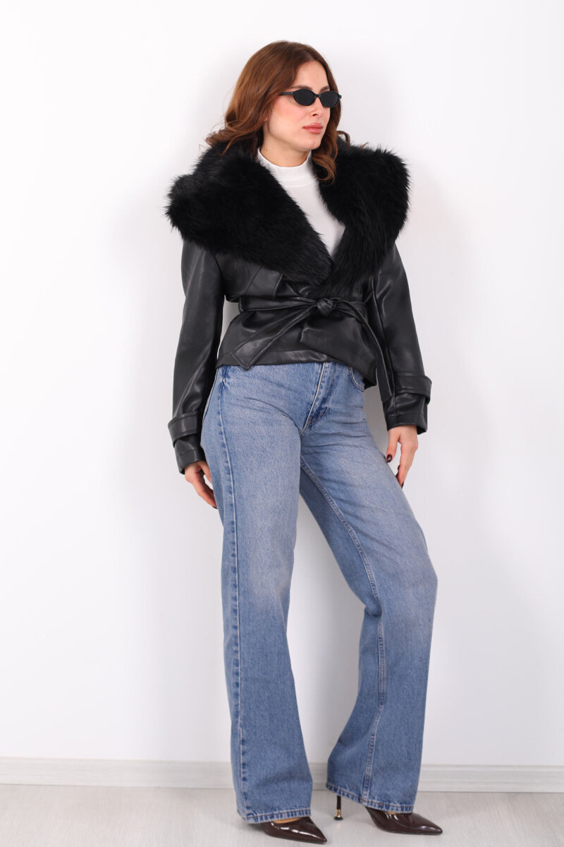 Kürk Yaka Bağlamalı Siyah Kadın Deri Mont - 3