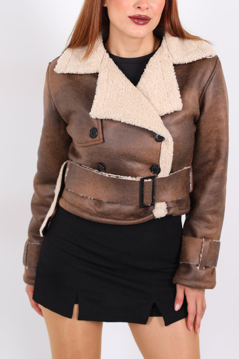 Kürklü Suni Deri Kemerli Acı Kahve Kadın Kısa Mont - 2