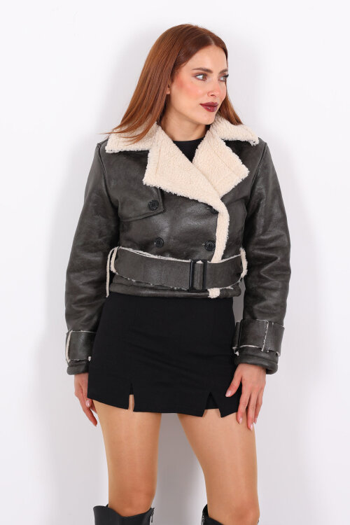 Kürklü Suni Deri Kemerli Haki Kadın Kısa Mont - 3