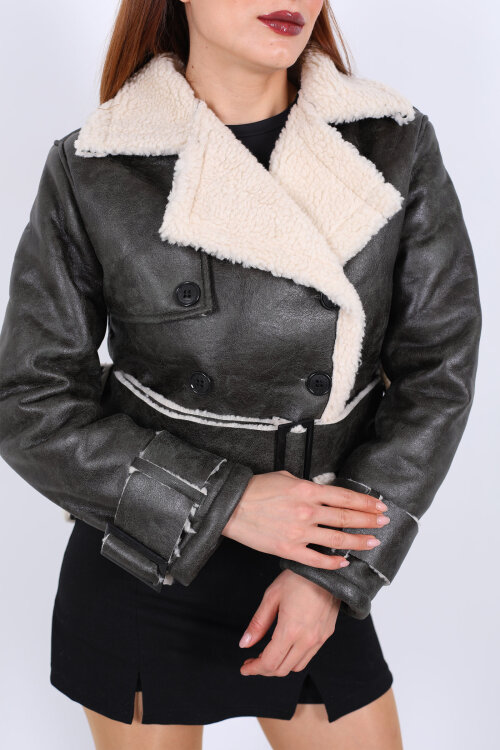 Kürklü Suni Deri Kemerli Haki Kadın Kısa Mont - Berox (1)