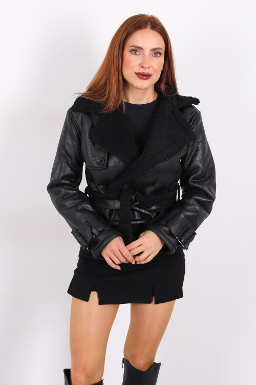 Kürklü Suni Deri Kemerli Siyah Kadın Kısa Mont - 5