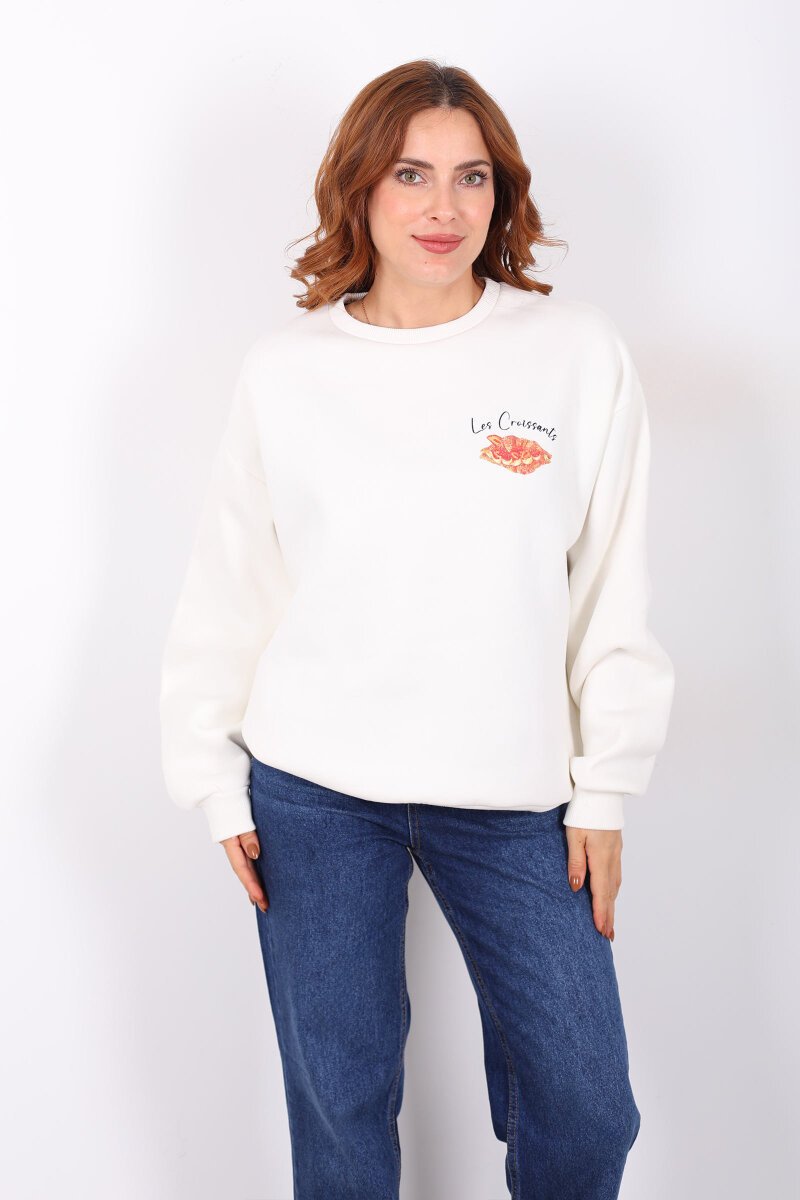Kruvasan Baskılı Oversize Kadın Ekru Sweat - 5