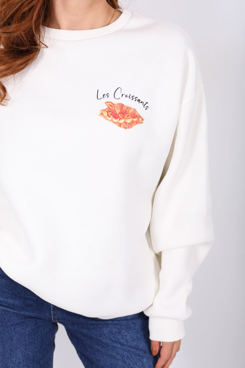 Kruvasan Baskılı Oversize Kadın Ekru Sweat - 4